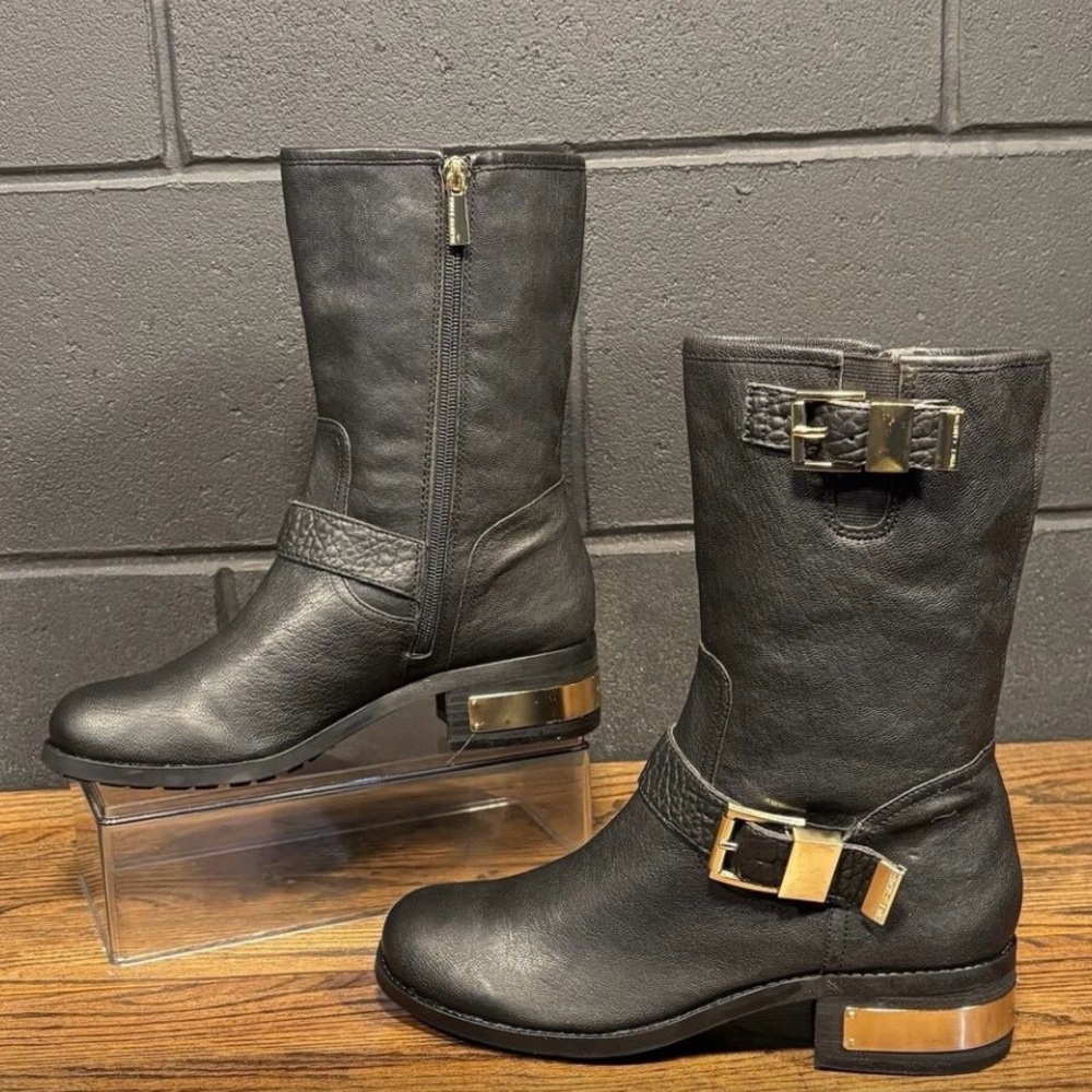 Vince Camuto Wanda Black Leather High Fashion Moto Biker Boots
